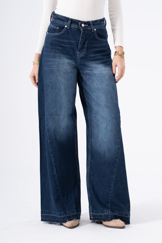 Indigo Twist Frayed Wide-Leg Denim