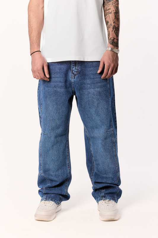 STITCHED BLUE BAGGY DENIM