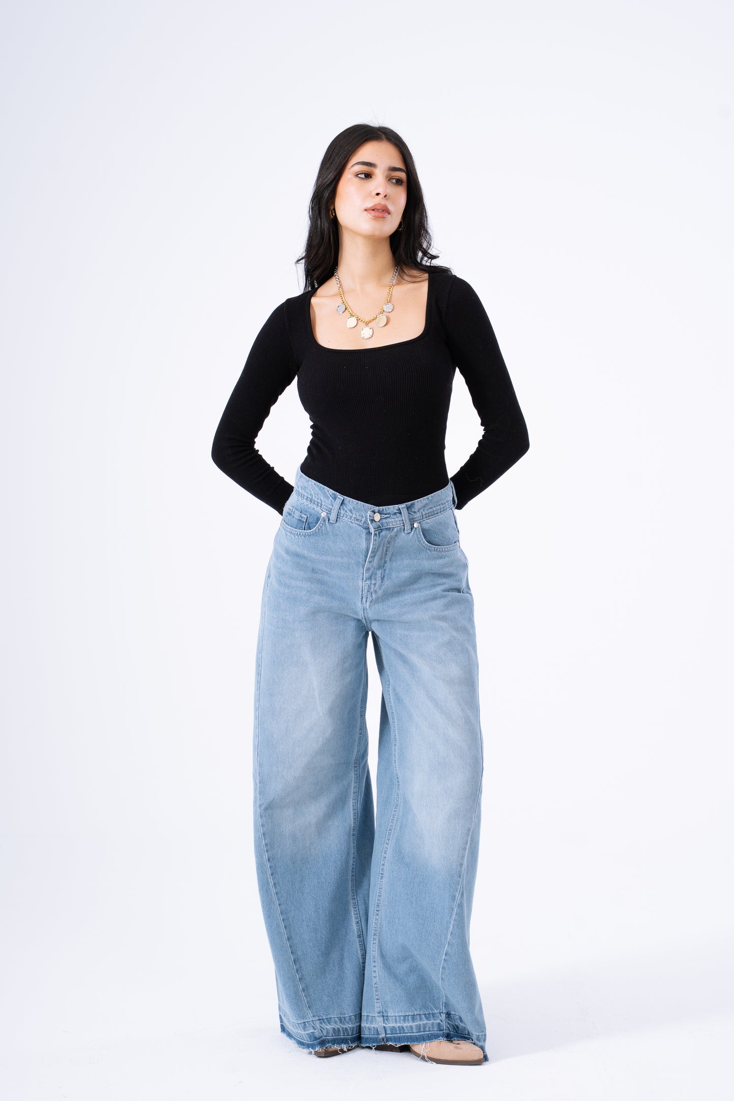 Sea Foam Frayed Wide-Leg Denim