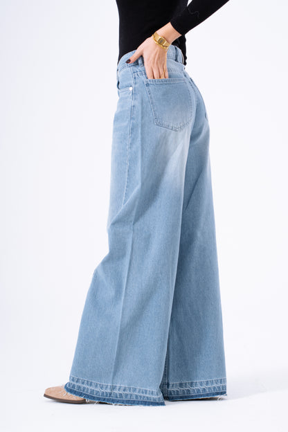 Sea Foam Frayed Wide-Leg Denim