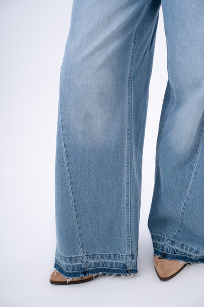 Sea Foam Frayed Wide-Leg Denim