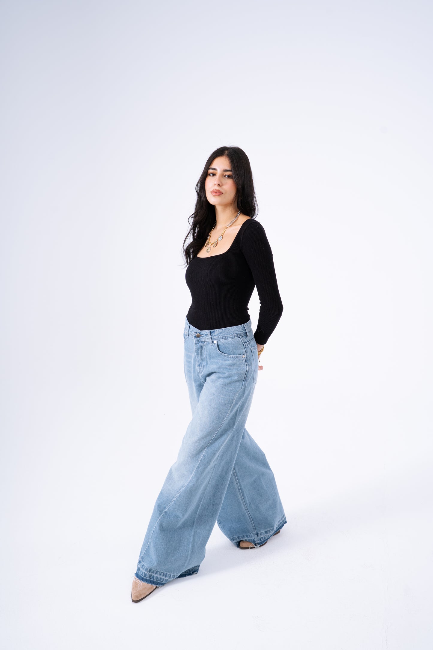 Sea Foam Frayed Wide-Leg Denim