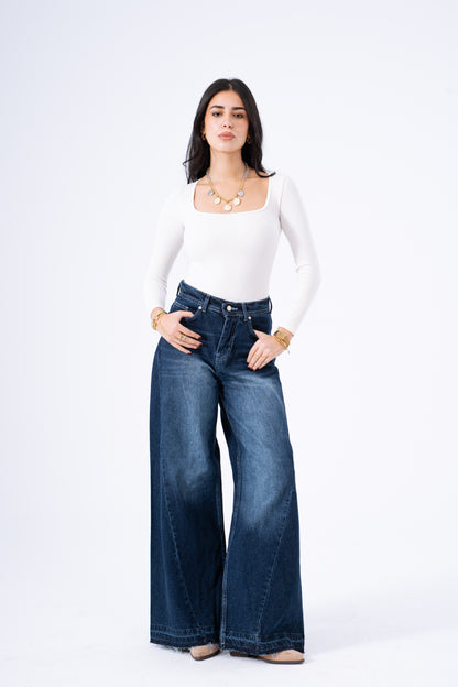 Indigo Twist Frayed  Wide-Leg Denim