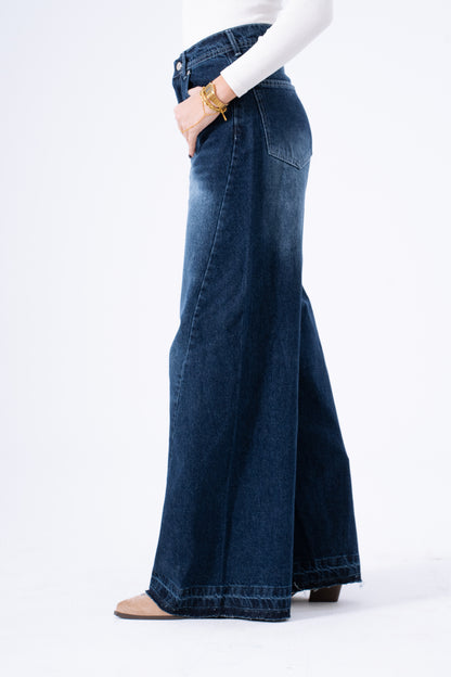 Indigo Twist Frayed  Wide-Leg Denim