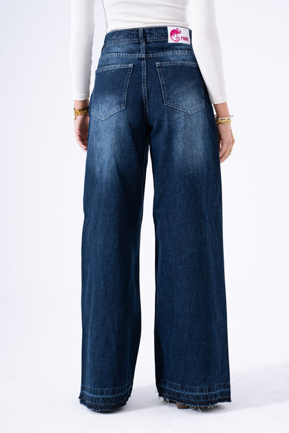 Indigo Twist Frayed  Wide-Leg Denim