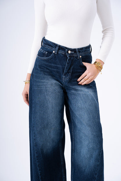 Indigo Twist Frayed  Wide-Leg Denim