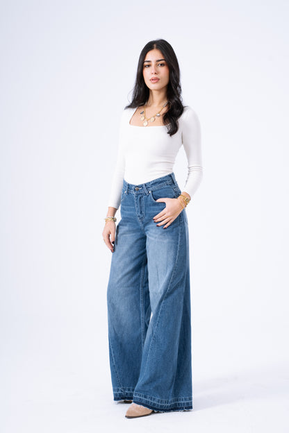 Blue Aura Frayed Wide-Leg Denim