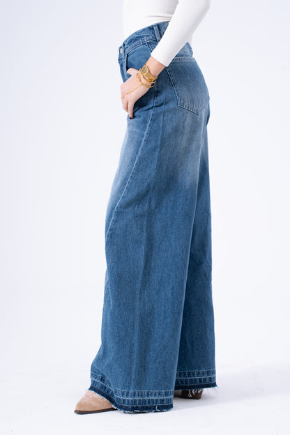 Blue Aura Frayed Wide-Leg Denim