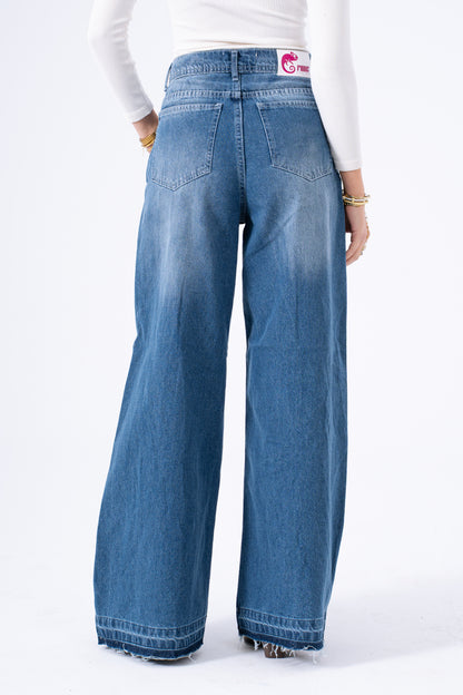 Blue Aura Frayed Wide-Leg Denim