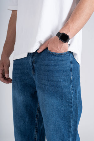 Blue Baggy Fit Jeans - Ribbed Cuff