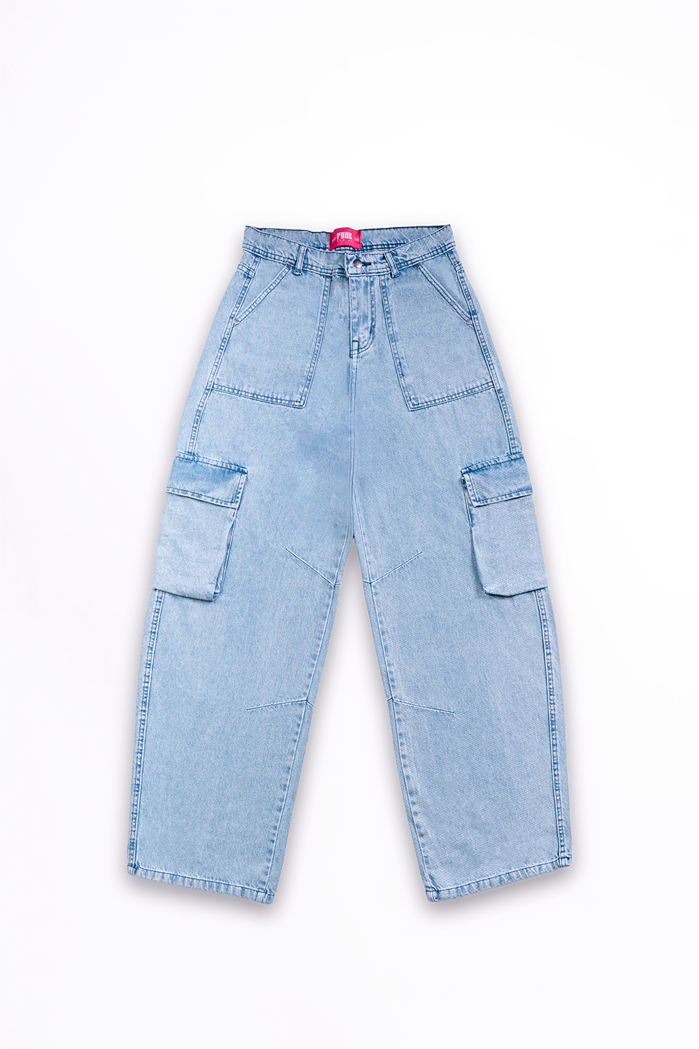 Light blue denim cargo pants on a white background