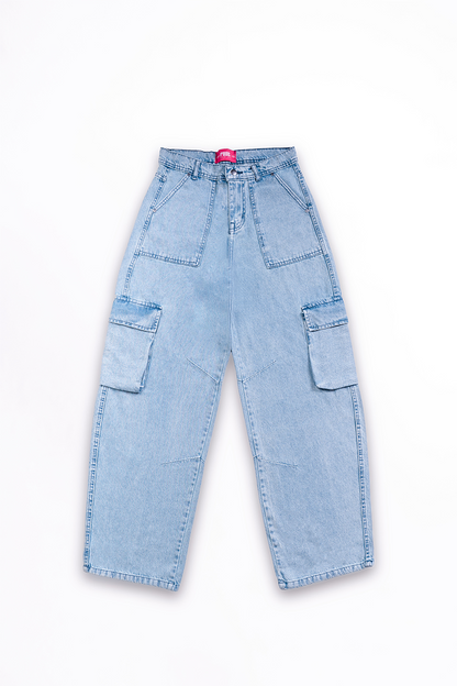 Light blue denim cargo pants on a white background