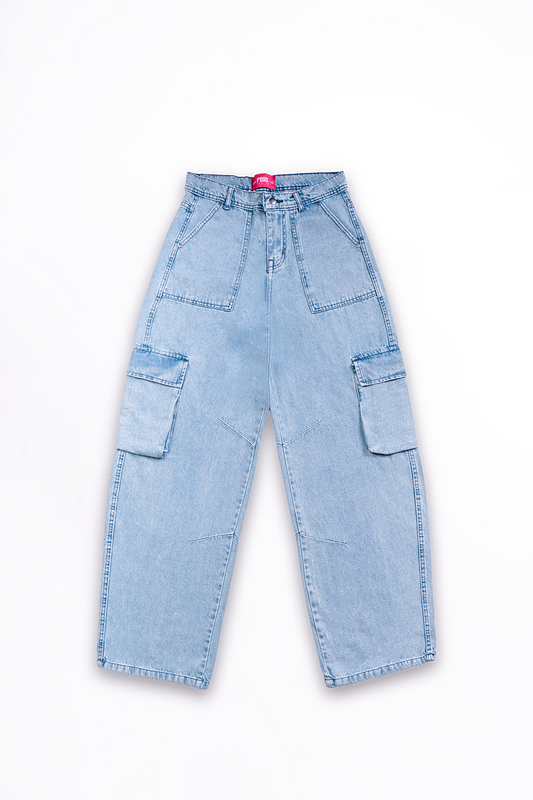 Light blue denim cargo pants on a white background
